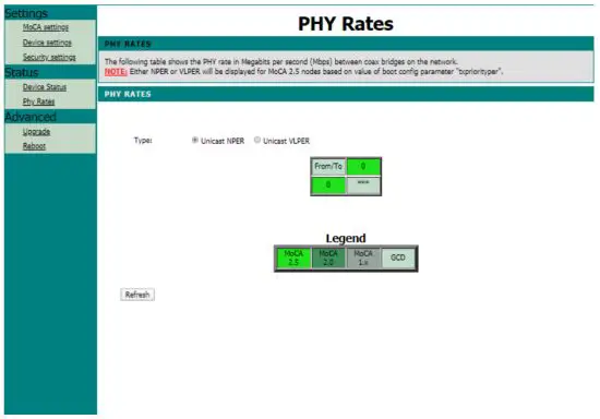 TRANSLITE TL MC84 Ethernet Over Coax Adapter - PHY RATES MENU