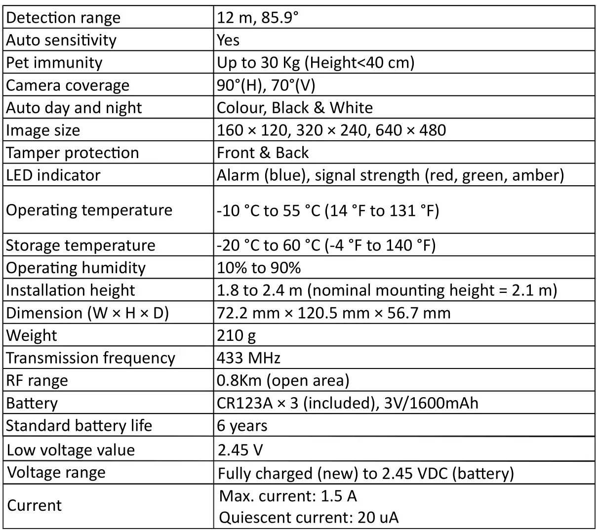 HIKVISION DS-PDPC12P-EG2-WB Wireless PIR-Camera Detector - Specification