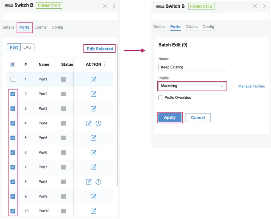 Applying Port Profiles Ports Switch B