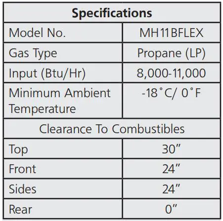 MR HEATER MH11BFLEX Portable Buddy Radiant Heater Owner’s Manual - Specifications