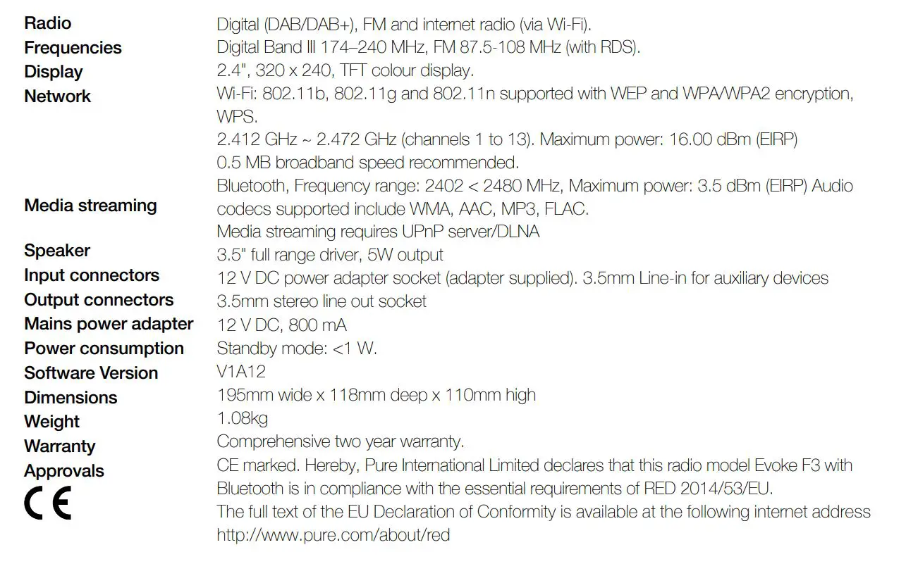PURE 1492703 Evoke F3 with Bluetooth User Guide - Specifications