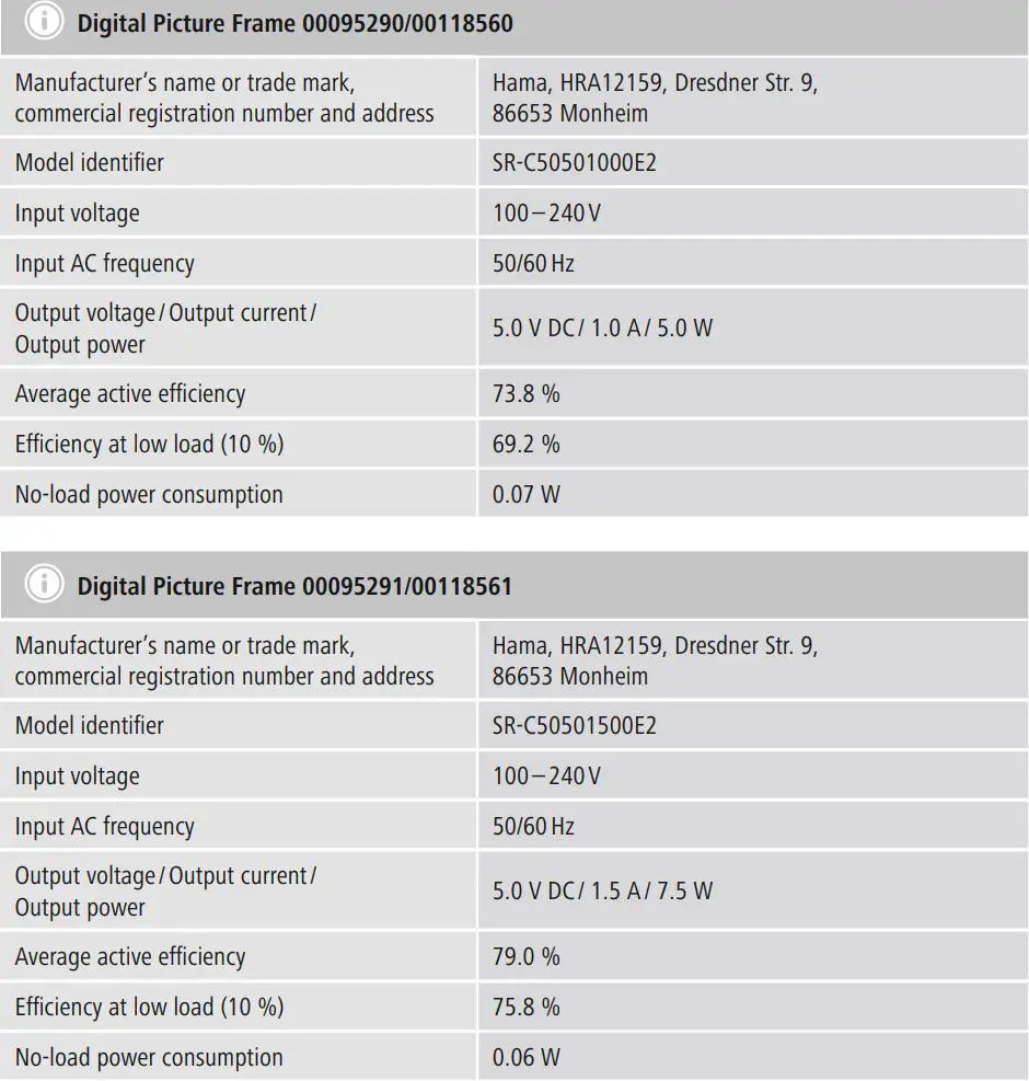 hama 00095291 Digital Photo Frame Instruction Manual - Specifications