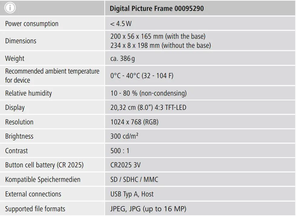 hama 00095291 Digital Photo Frame Instruction Manual - Technical specifications