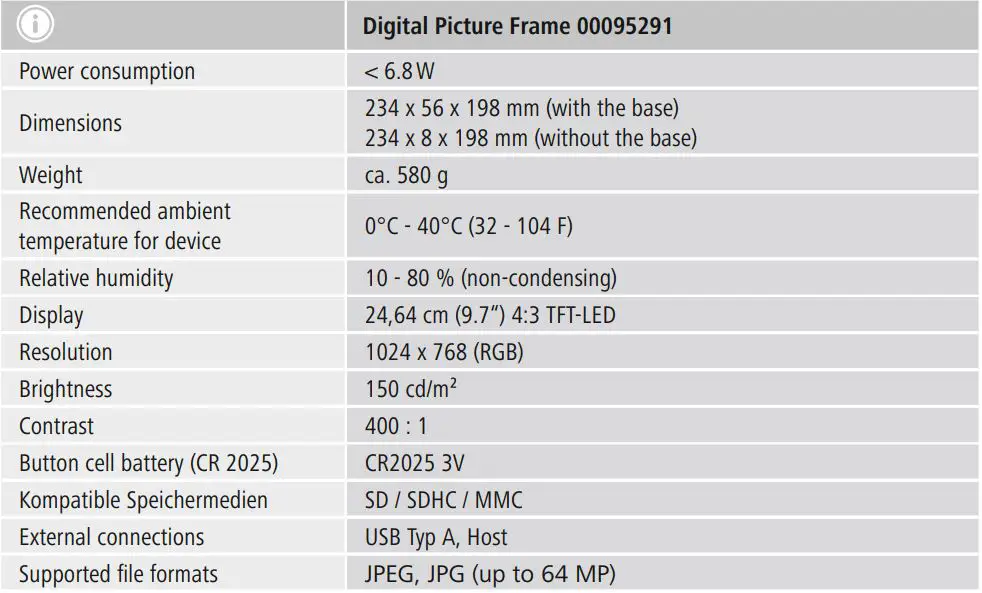 hama 00095291 Digital Photo Frame Instruction Manual - Technical specifications
