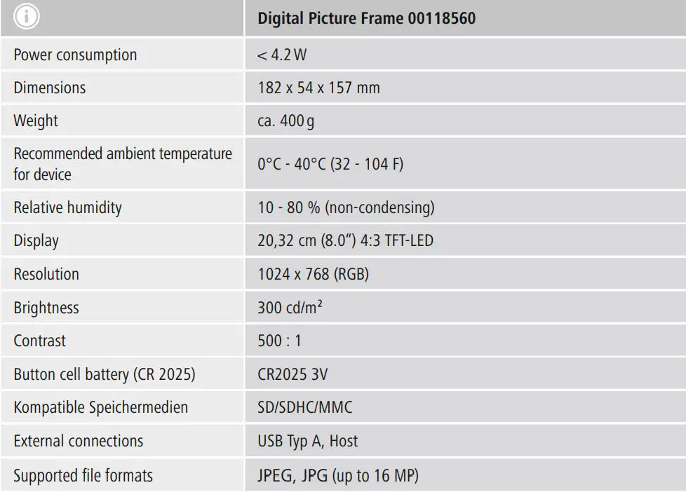 hama 00095291 Digital Photo Frame Instruction Manual - Technical specifications