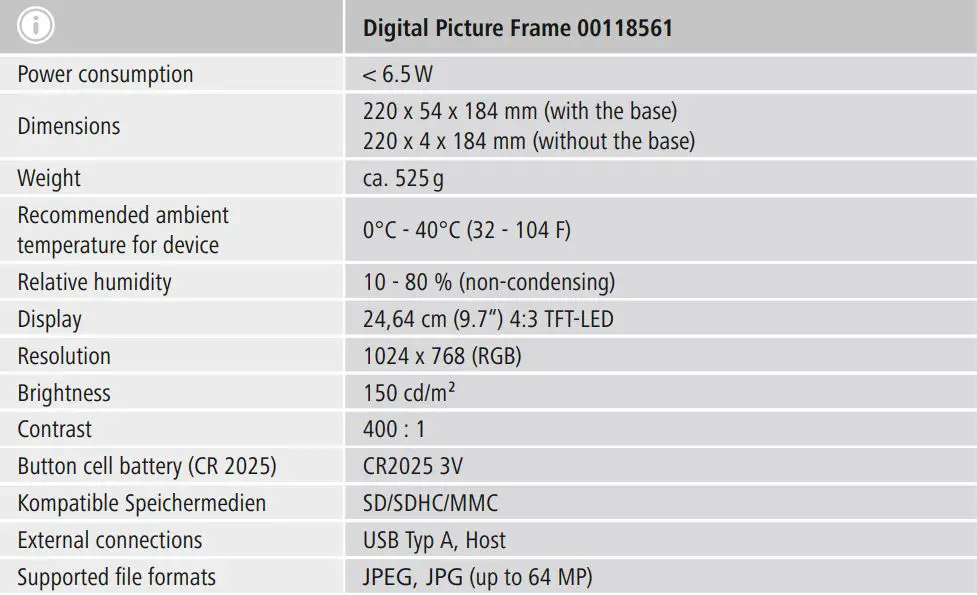 hama 00095291 Digital Photo Frame Instruction Manual - Technical specifications