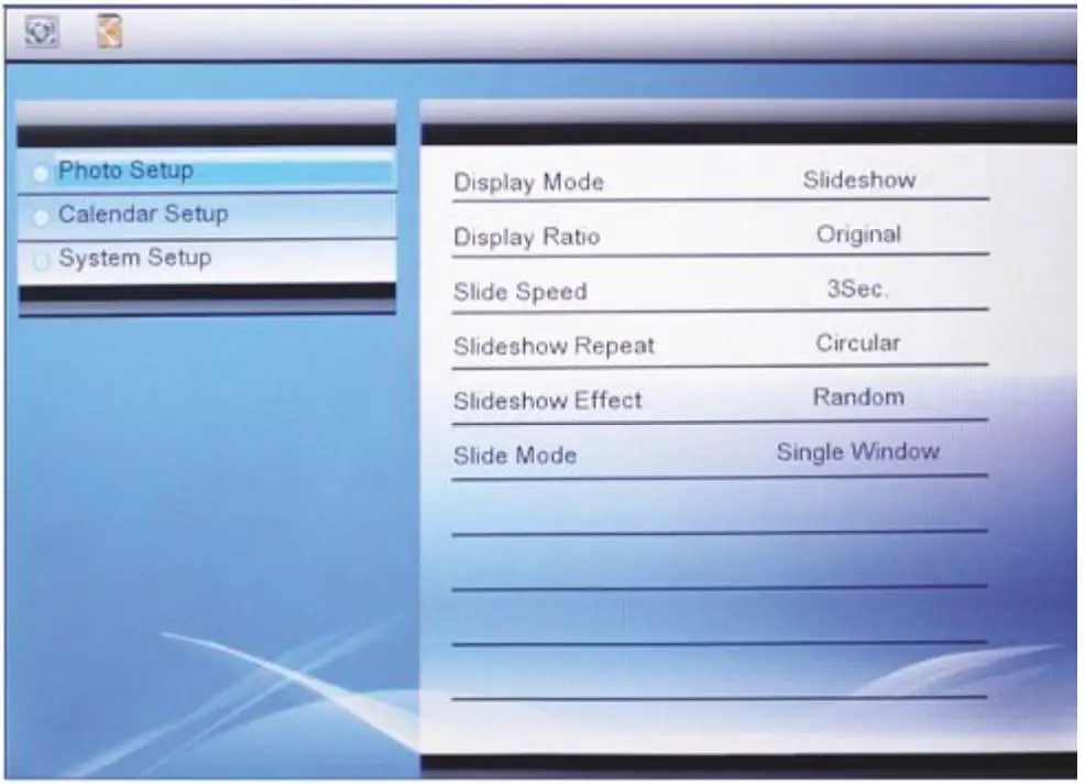 hama 00095291 Digital Photo Frame Instruction Manual - The following menu items are available