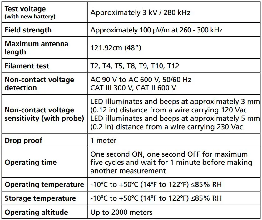 AMPROBE Lamp Tester User Manual - DETAILED SPECIFICATIONS