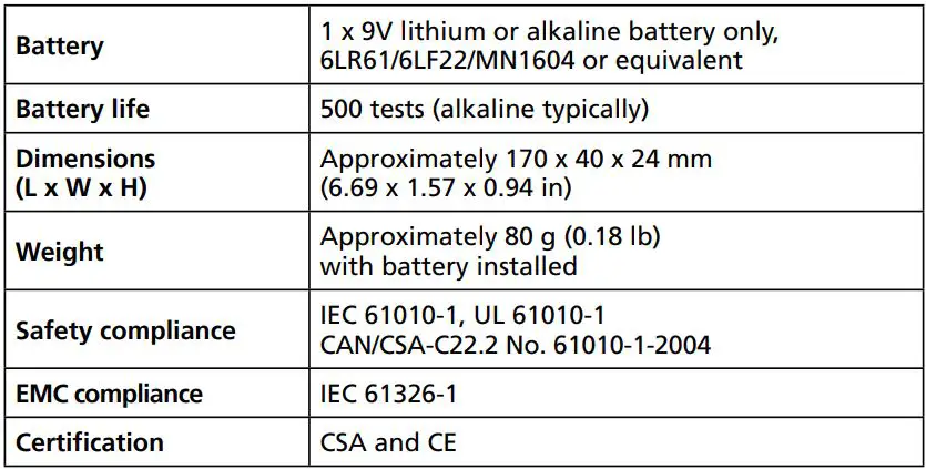 AMPROBE Lamp Tester User Manual - DETAILED SPECIFICATIONS