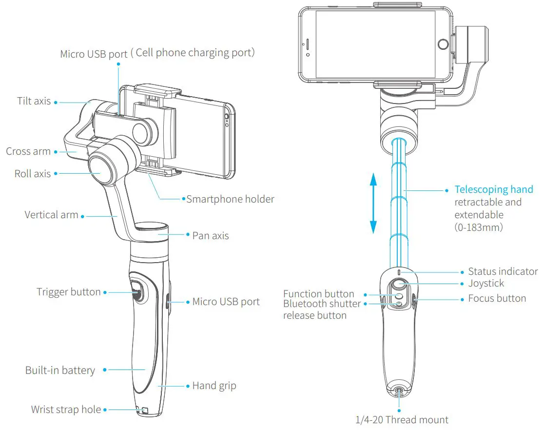 FEIYUTEK VIMBLE 2 3-Axis Stabilized Handheld Gimbal for Smartphone User Manual - Product overview