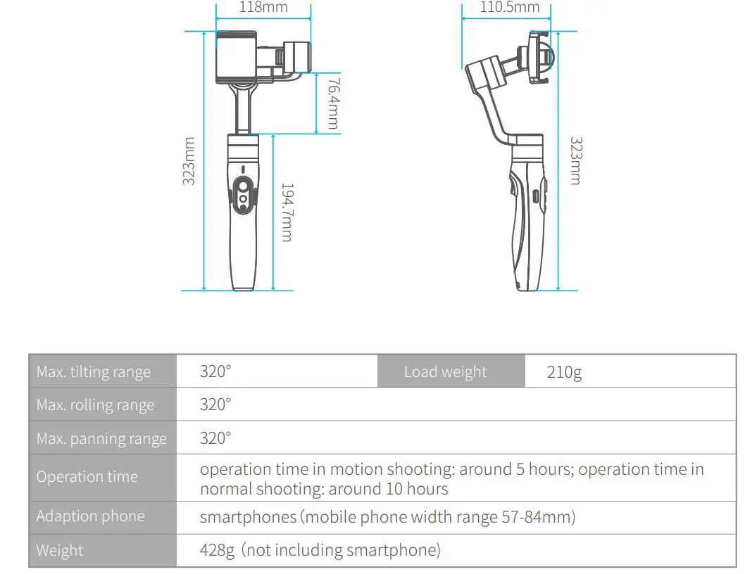 FEIYUTEK VIMBLE 2 3-Axis Stabilized Handheld Gimbal for Smartphone User Manual - Technical Specifications