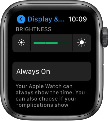 The Display & Brightness screen showing the Brightness selector and Always On button.