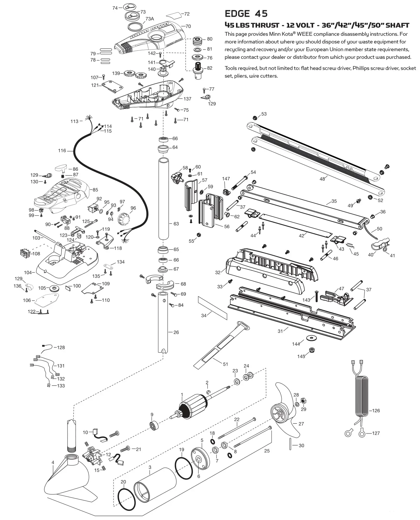 MINN KOTA 1355947 Edge 12V 45lb Thrust 45 inch Shaft Bow Mount Freshwater Trolling Motor - PARTS DIAGRAM