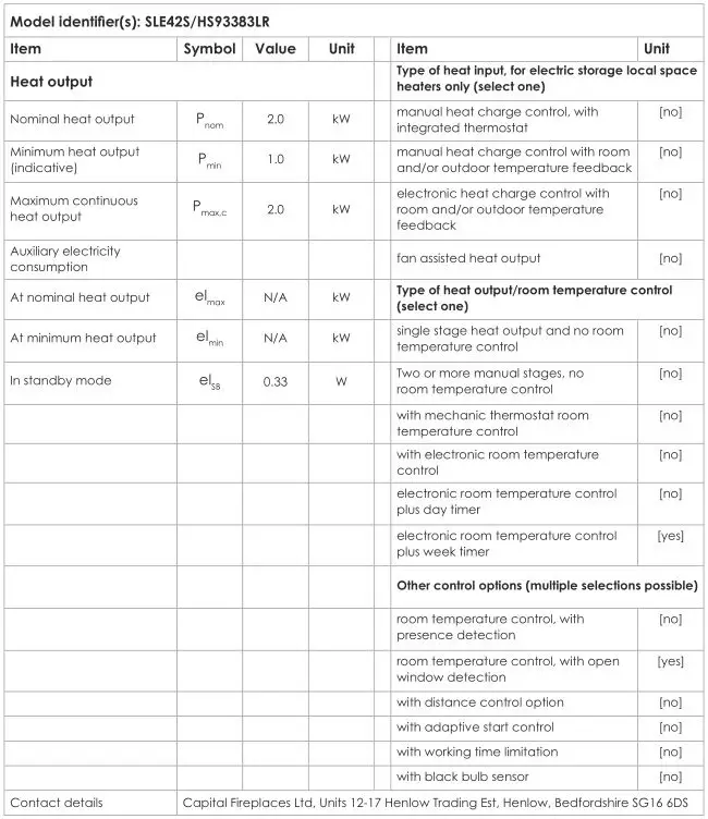 Solution Fires SLE42s Electric Stove by Capital Fireplaces - Technical Parameters