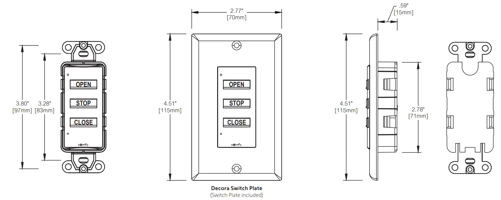 somfy 1870908 DecoFlex WireFree 3-Button - Dimensions