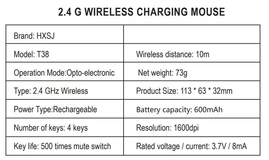 HXSJ T38 Wireless Charging Mouse - Product parameters