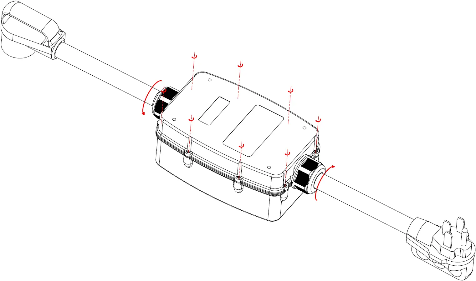 Place top and bottom halves together, rescrew all the screws, tighten down the cable gland connectors