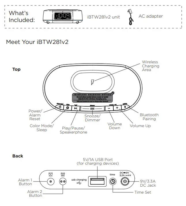 iHOME iBTW281V2 TimeBoost Glow Wireless Charging LED Color Changing-fig1