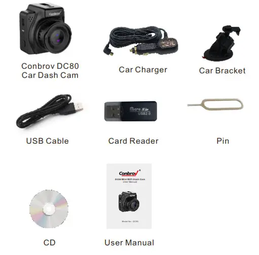 Conbro Mini WiFi Dash Cam What's included