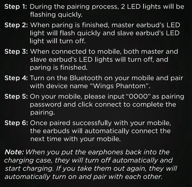 WINGS WL-PHANTOM-BLK Phantom True Wireless Earbuds User Manual - How to Pair