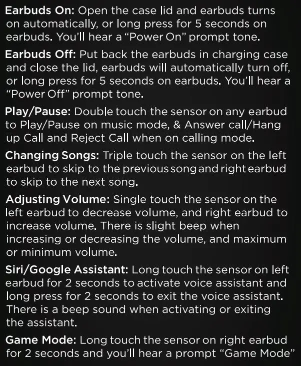 WINGS WL-PHANTOM-BLK Phantom True Wireless Earbuds User Manual - Touch Controls Usage