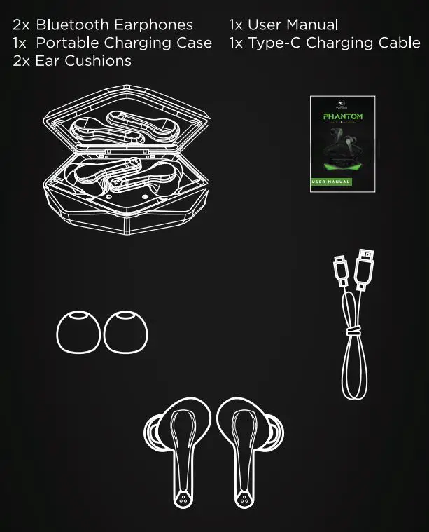 WINGS WL-PHANTOM-BLK Phantom True Wireless Earbuds User Manual - What's in the box