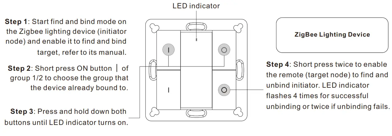 SUNRICHER SR-ZG9001K4-DIM2 70100034 ZigBee Wireless Dimmer Switch - Find and Unbind a Zigbee Lighting Device