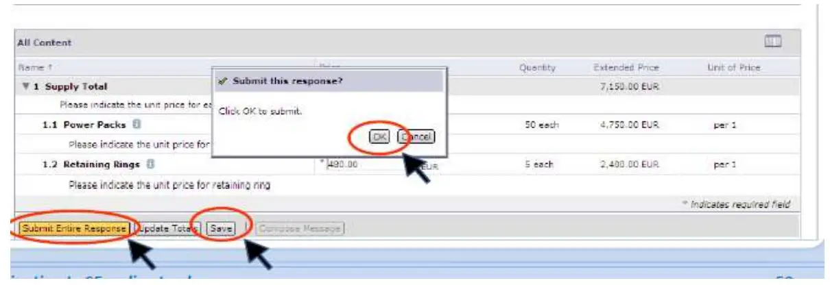 TATA Bidder - Click on button “Submit Entire Response” and then on “OK” to send the offer