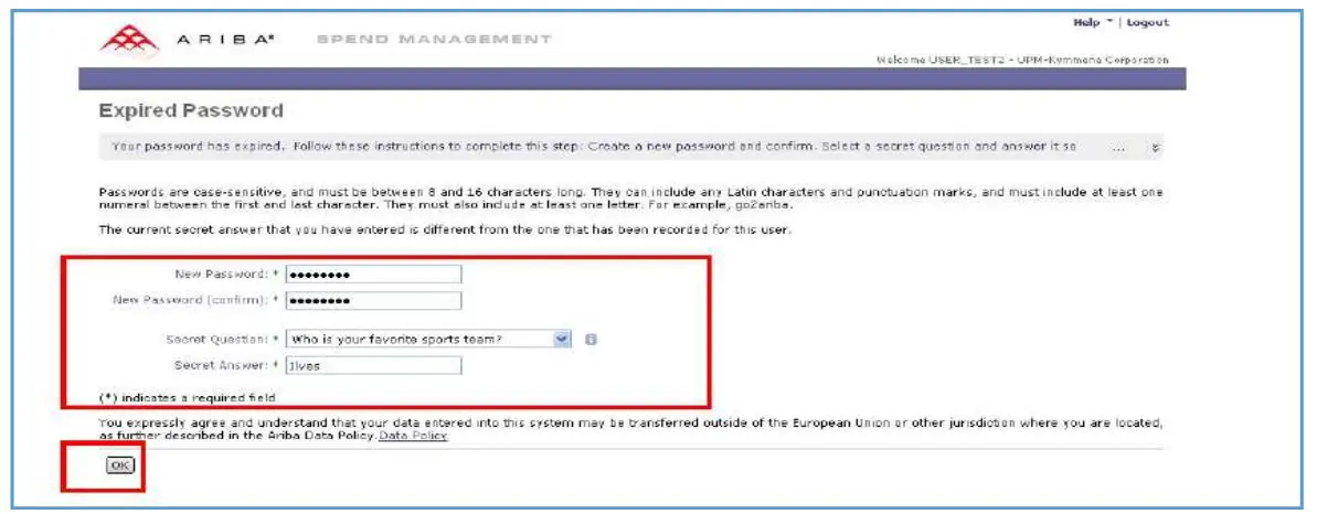 TATA Bidder - Step 3 Define your password and secret question. Click “OK”