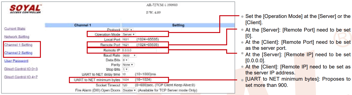 SOYAL AR 727 CM Device Network Server - Menu to set the port