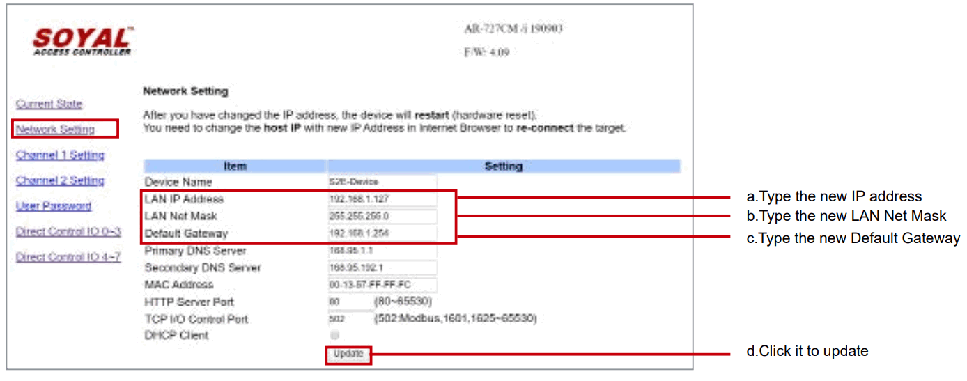 SOYAL AR 727 CM Device Network Server - up new IP address
