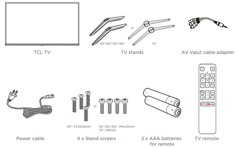 TCL 4-Series S430 4K UHD HDR Smart Android TV - What’s in the box