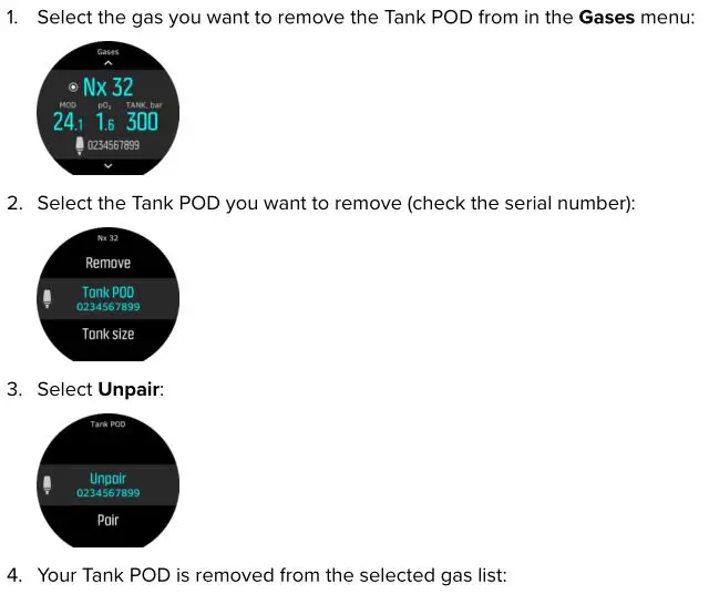 SUUNTO TANK POD - For D5 To unpair and remove your Tank POD from a specific gas through the menu 1
