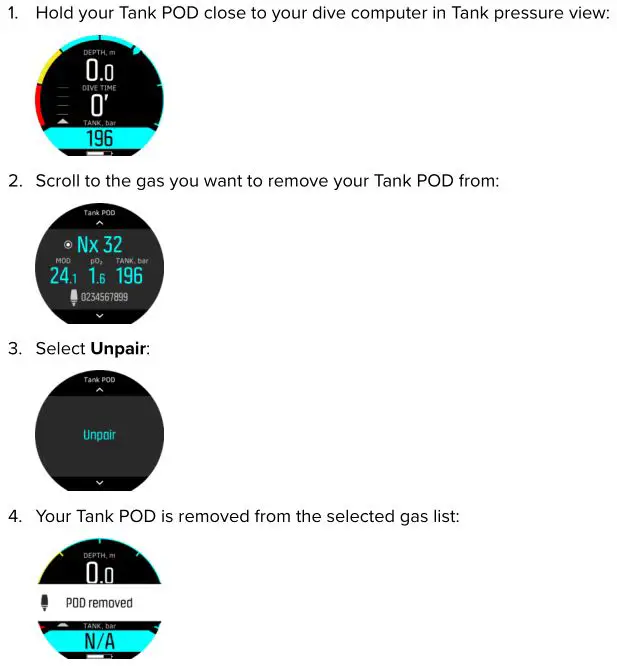 SUUNTO TANK POD - For D5 To unpair and remove your Tank POD from a specific gas using proximity