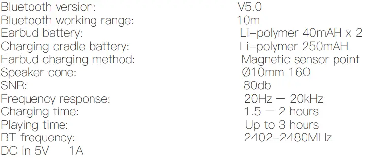Jmtek Industries BTE100 Bluetooth Earbuds Instruction Manual - Specifications