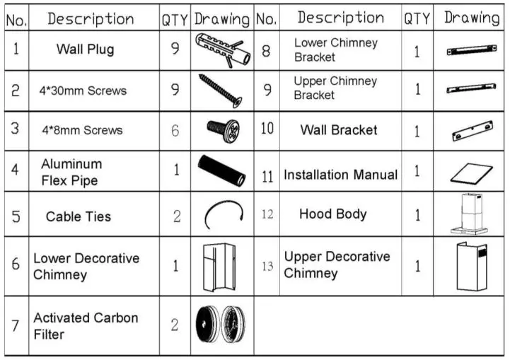 CIARRA CBCS6102-OW 60cm Chimney Cooker Hood - Components