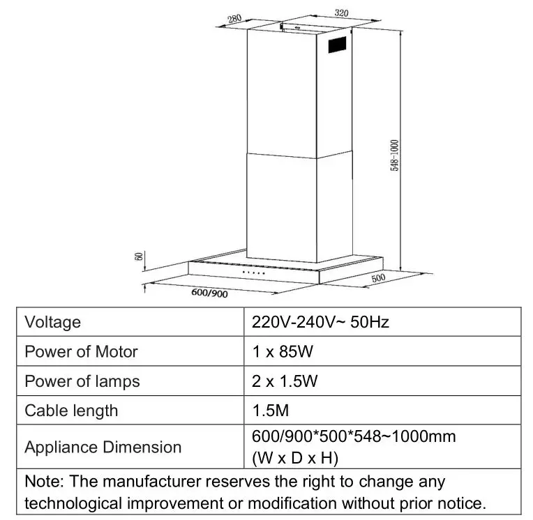 CIARRA CBCS6102-OW 60cm Chimney Cooker Hood - Specifications