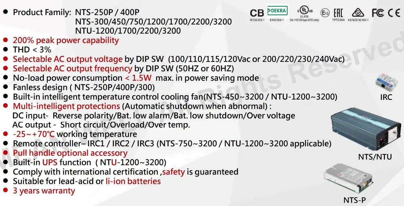 MW NTS NTU Series DC-AC Pure Sine Wave Inverter User Manual - Key Features