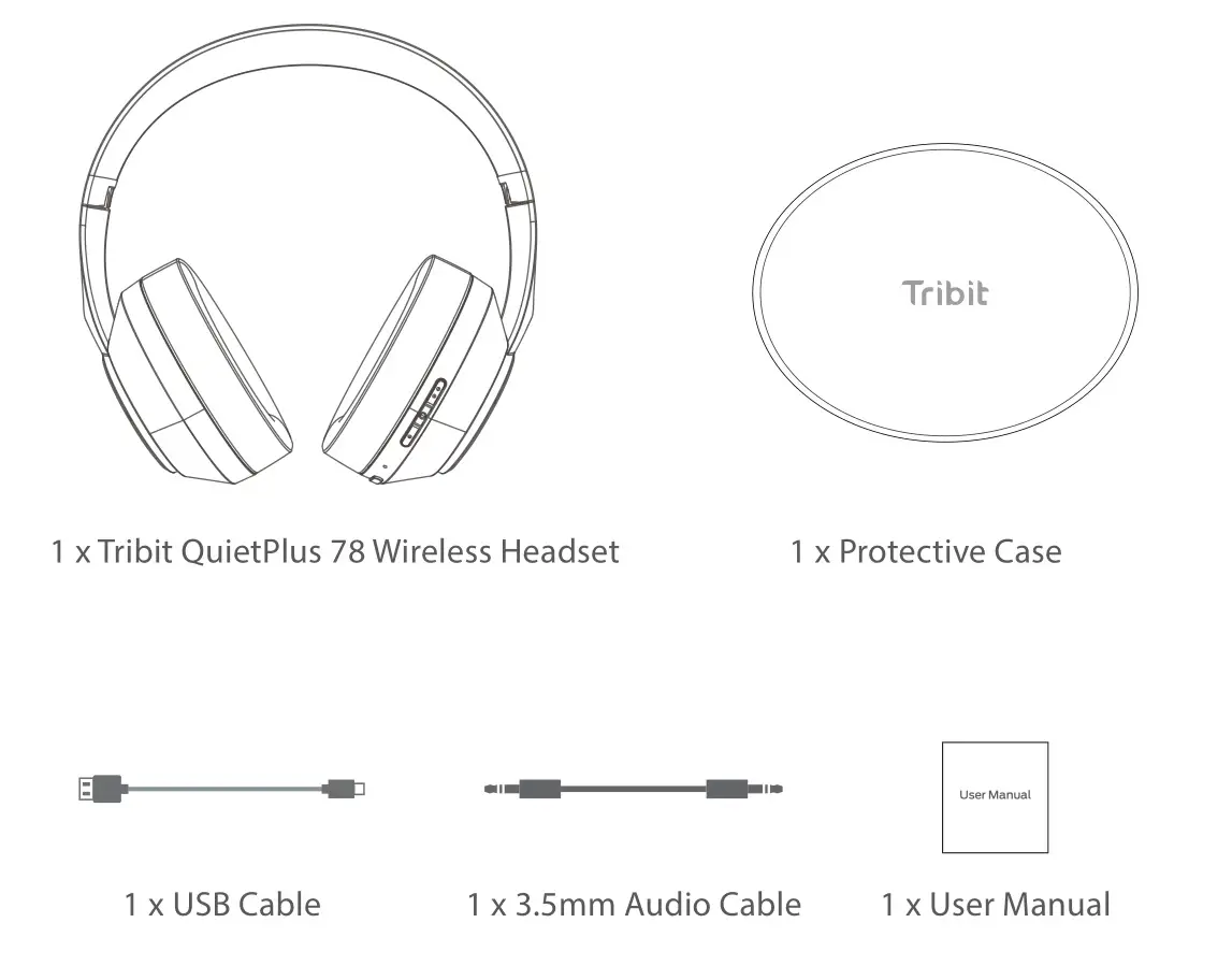Tribit QuietPlus 78 Active Noise Cancelling Wireless Headphones - Package Contents