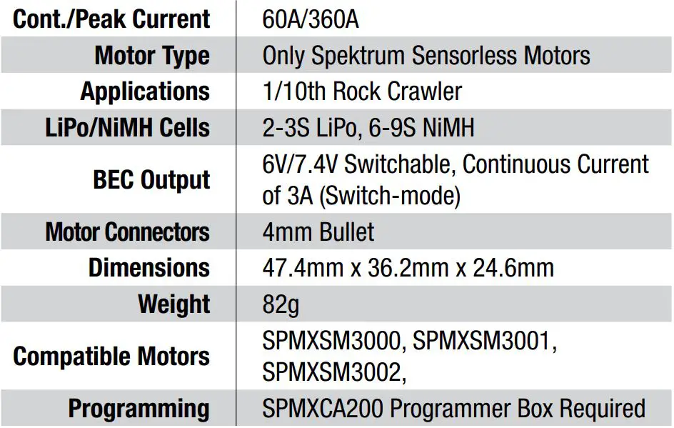 SPEKTRUM SPMXSEMC08 Sensored 1,10th Scale Crawler Smart Power System - ESC Specifications SPMXSE1060