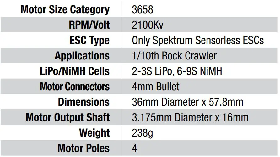 SPEKTRUM SPMXSEMC08 Sensored 1,10th Scale Crawler Smart Power System - Motor Specifications SPMXSM3001