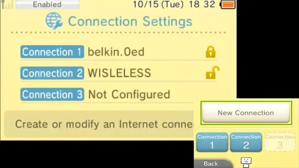 Connection Settings menu, highlighting the New Connection button.