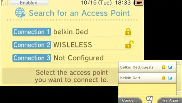 Connection Settings menu, displaying a list of available Wi-Fi networks.