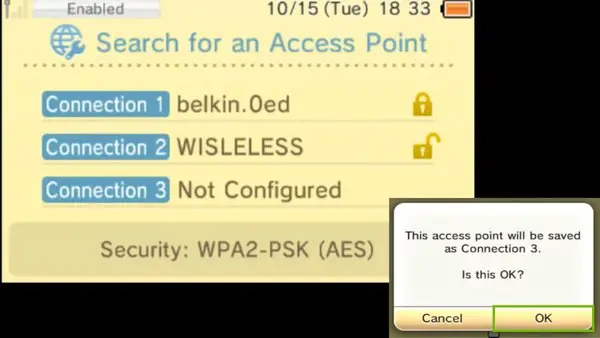 Connection Settings menu, prompting the user to save the connection, highlighting the OK button.