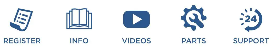 Register, info, videos, parts,support icon