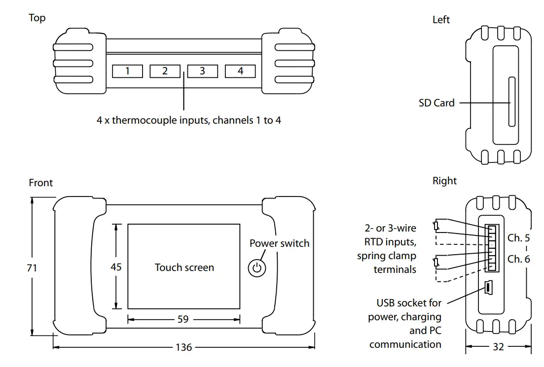 CALEX Excelog 6 6 Channel Temperature Data Logger with Touch Screen - Dimensions