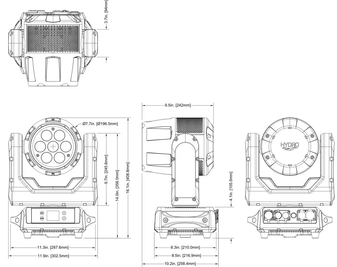 ADJ HYD710 Hydro Wash X7 Moving Head Wash Instruction Manual - DIMENSIONS (HORIZONTAL)