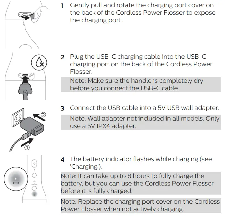 PHILIPS 3000 Series HX3806 Sonicare Cordless Power Flosser User Manual - Charging your Cordless Power Flosser