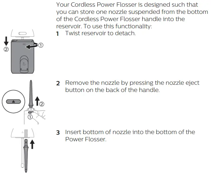 PHILIPS 3000 Series HX3806 Sonicare Cordless Power Flosser User Manual - In-Reservoir Nozzle Storage