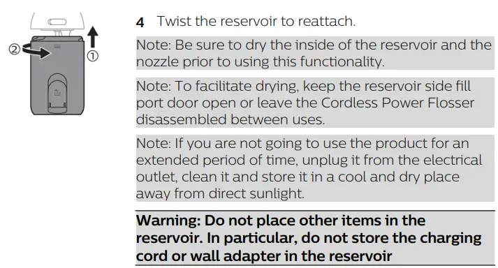 PHILIPS 3000 Series HX3806 Sonicare Cordless Power Flosser User Manual - In-Reservoir Nozzle Storage